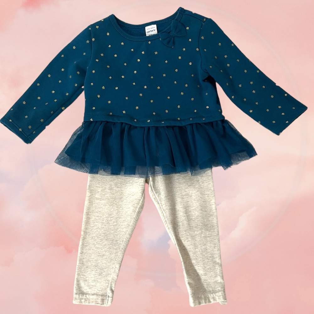 Carter’s 18 Month Baby Girl Blue With Gold Stars Sweater and Pant Outfit